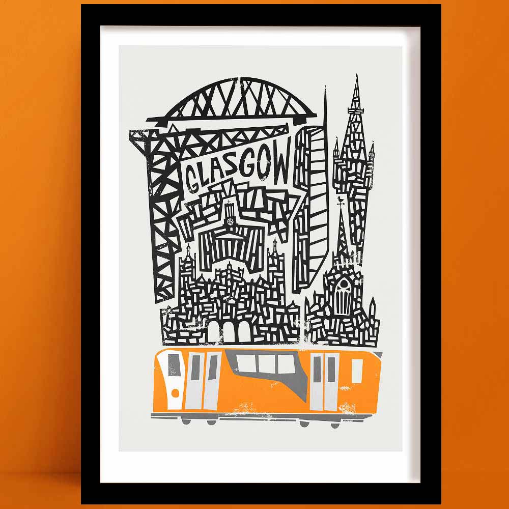 Hand-drawn Glasgow print, featuring iconic landmarks such as the Clyde Arc and Glasgow Cathedral, anchored by a bold orange Glasgow Subway train at the base.