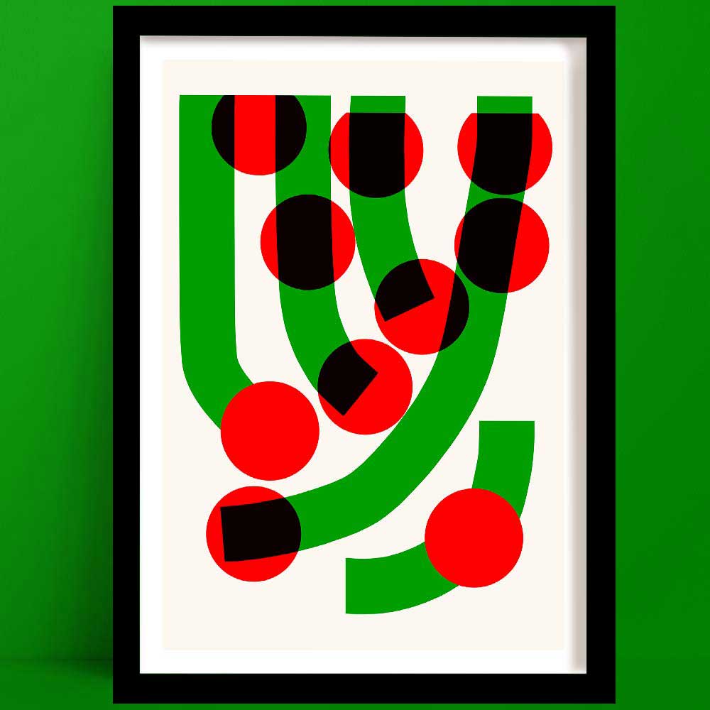 A green grass abstract print features a bold red and black halftone circles cascading over curved green paths on a clean ivory background.