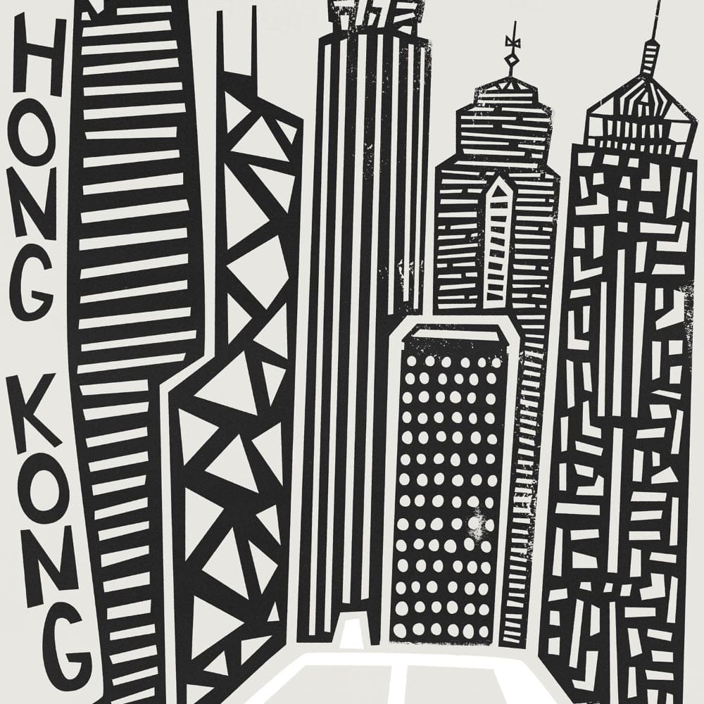 Zoomed-in view of the Hong Kong city art print showing fine linework of the skyscrapers and the pop of red from the classic taxi at street level.