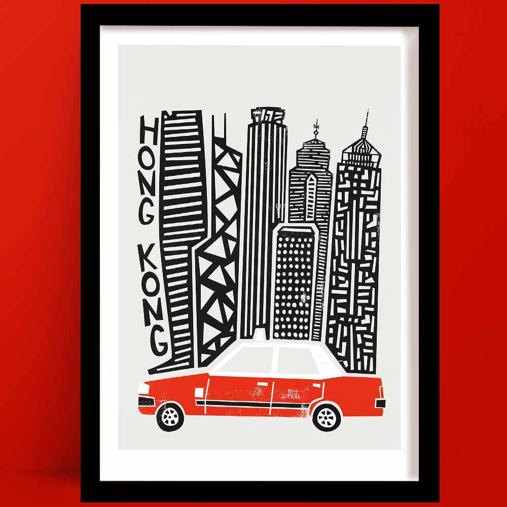 A Hong Kong print featuring a Monochrome line-drawn skyline with iconic skyscrapers with a bright red taxi in the foreground, capturing the city’s fast-paced urban energy. Perfect architecture travel art