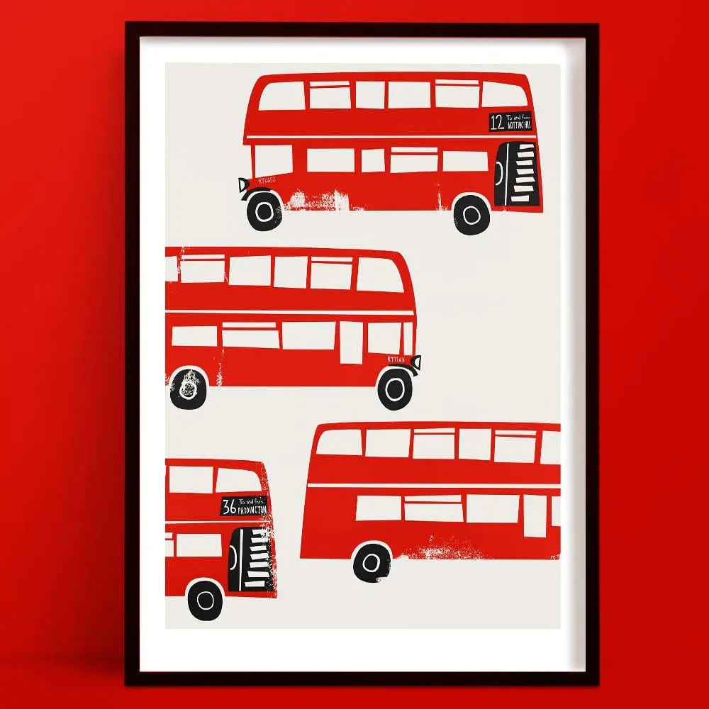 A quirky retro-style London Red Bus print, showcasing a playful arrangement of vintage red Routemaster buses, each uniquely angled for visual rhythm and nostalgic impact.