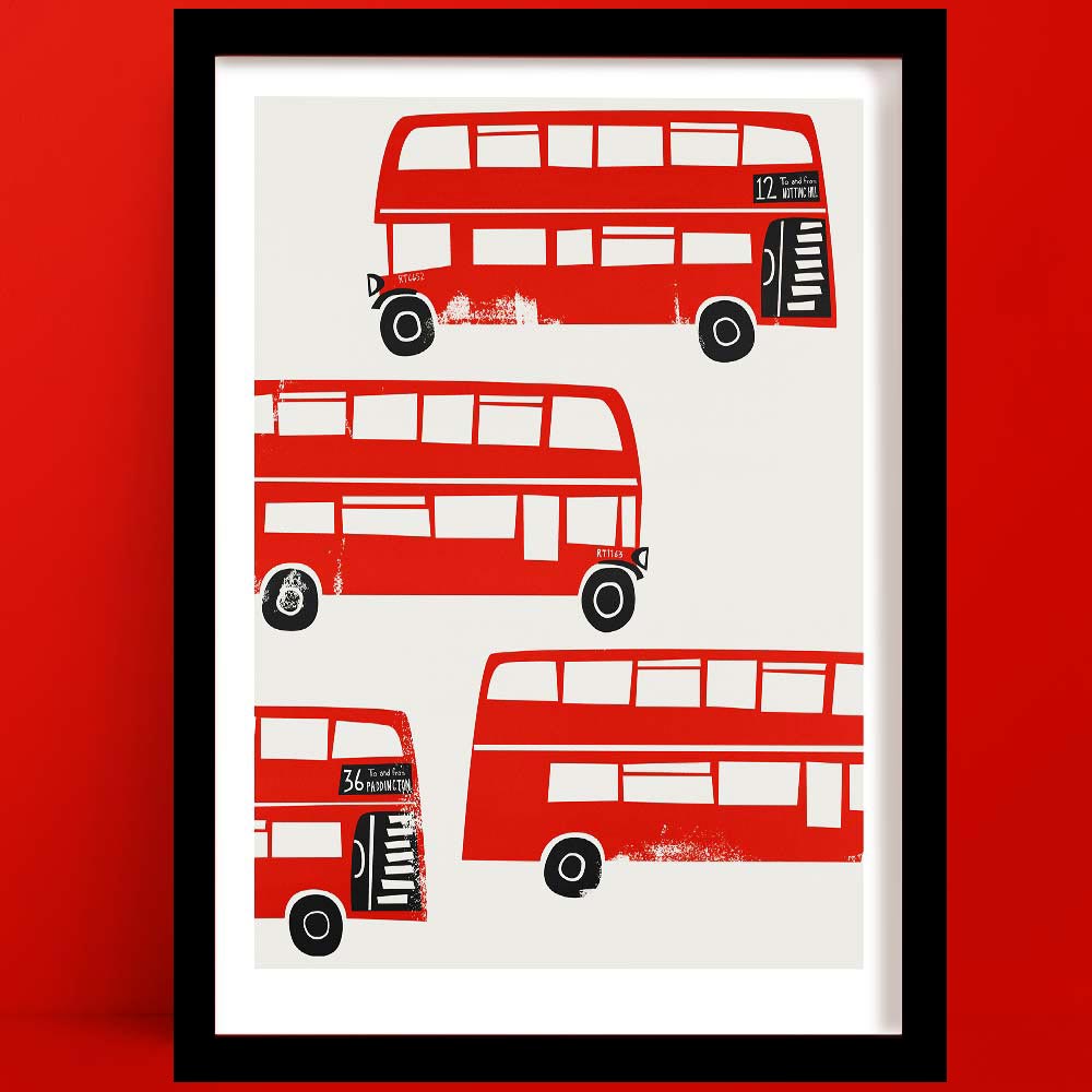 A quirky retro-style London Red Bus print, showcasing a playful arrangement of vintage red Routemaster buses, each uniquely angled for visual rhythm and nostalgic impact.
