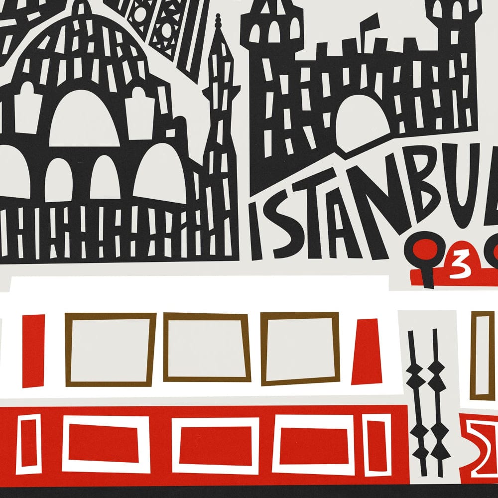 Close-up of bold red tram and hand-drawn Istanbul lettering beneath detailed skyline.