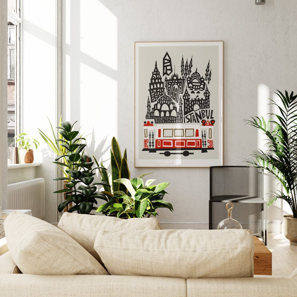 Istanbul artwork styled in a modern interior with greenery and cream furnishings.