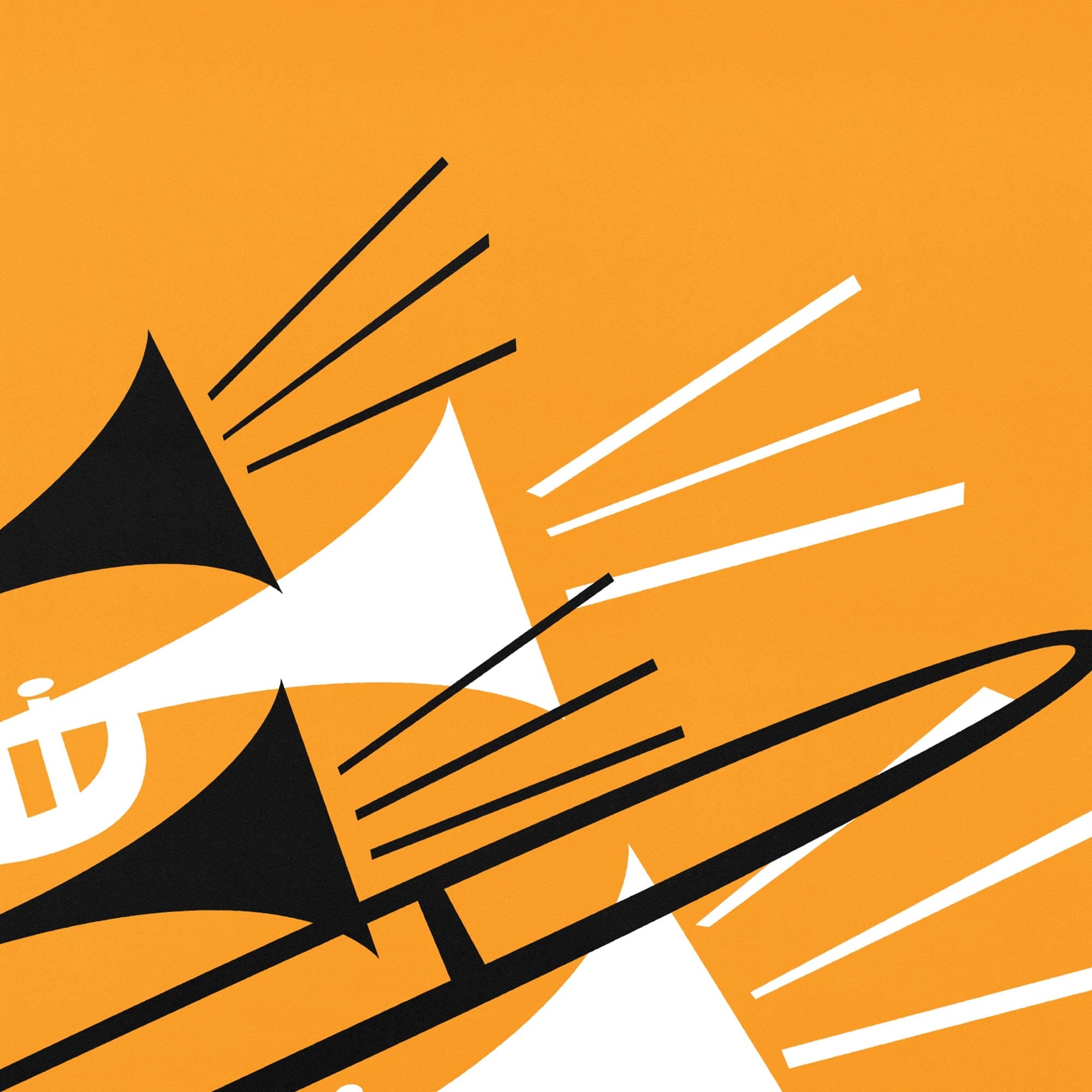 Close-up of abstract brass instrument artwork showing overlapping trombone and trumpet shapes with radiating lines