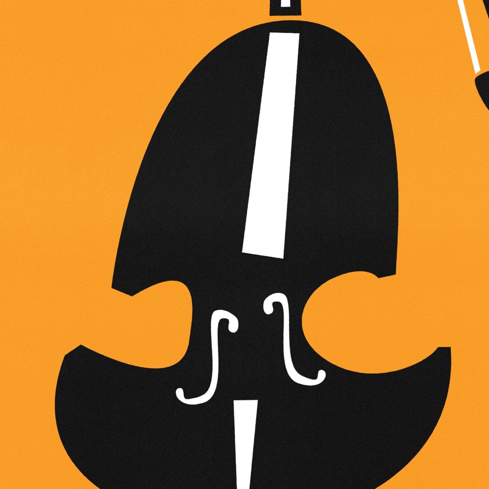 Close-up of the abstract double bass print showing the curved black body and graphic white accents on an orange background