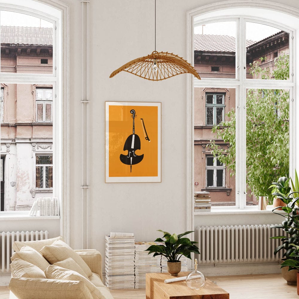 Double bass art print hanging in a sunlit living room with tall windows and neutral decor