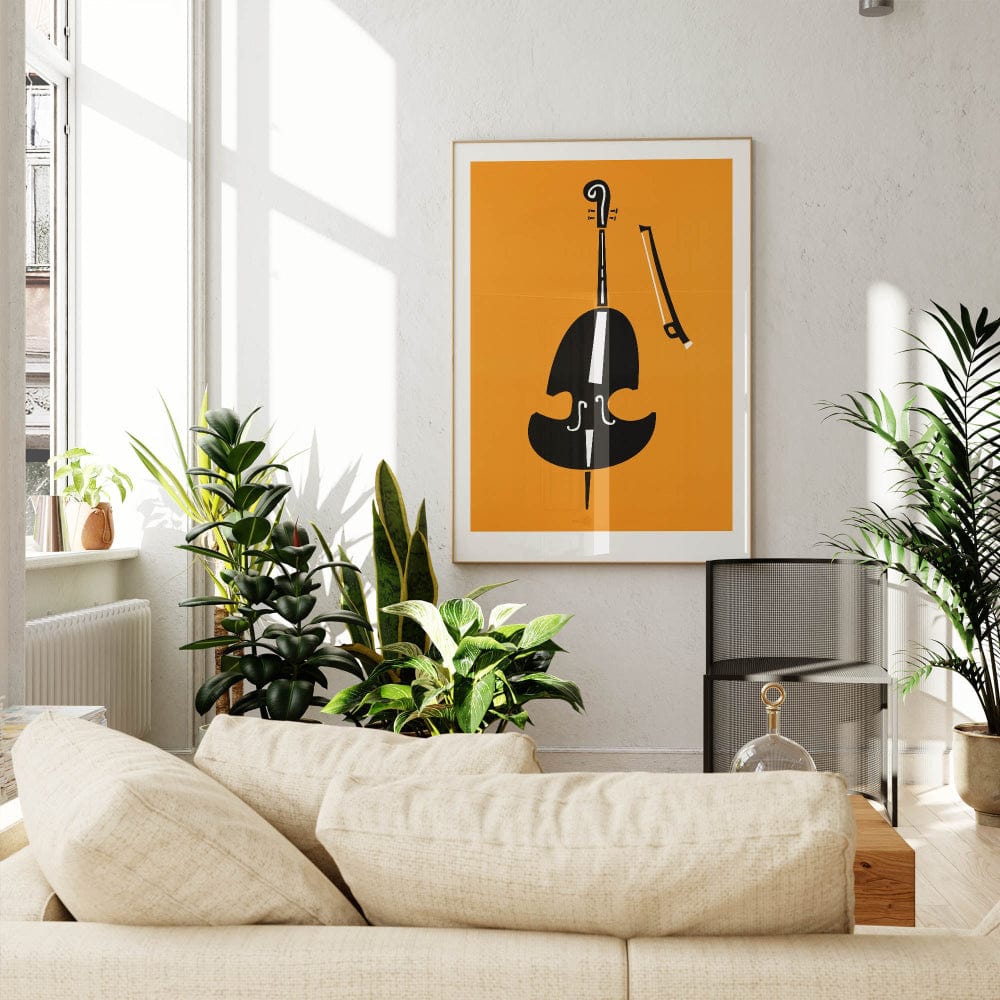 Abstract double bass print displayed above a light sofa with leafy indoor plants and a warm, relaxed interior