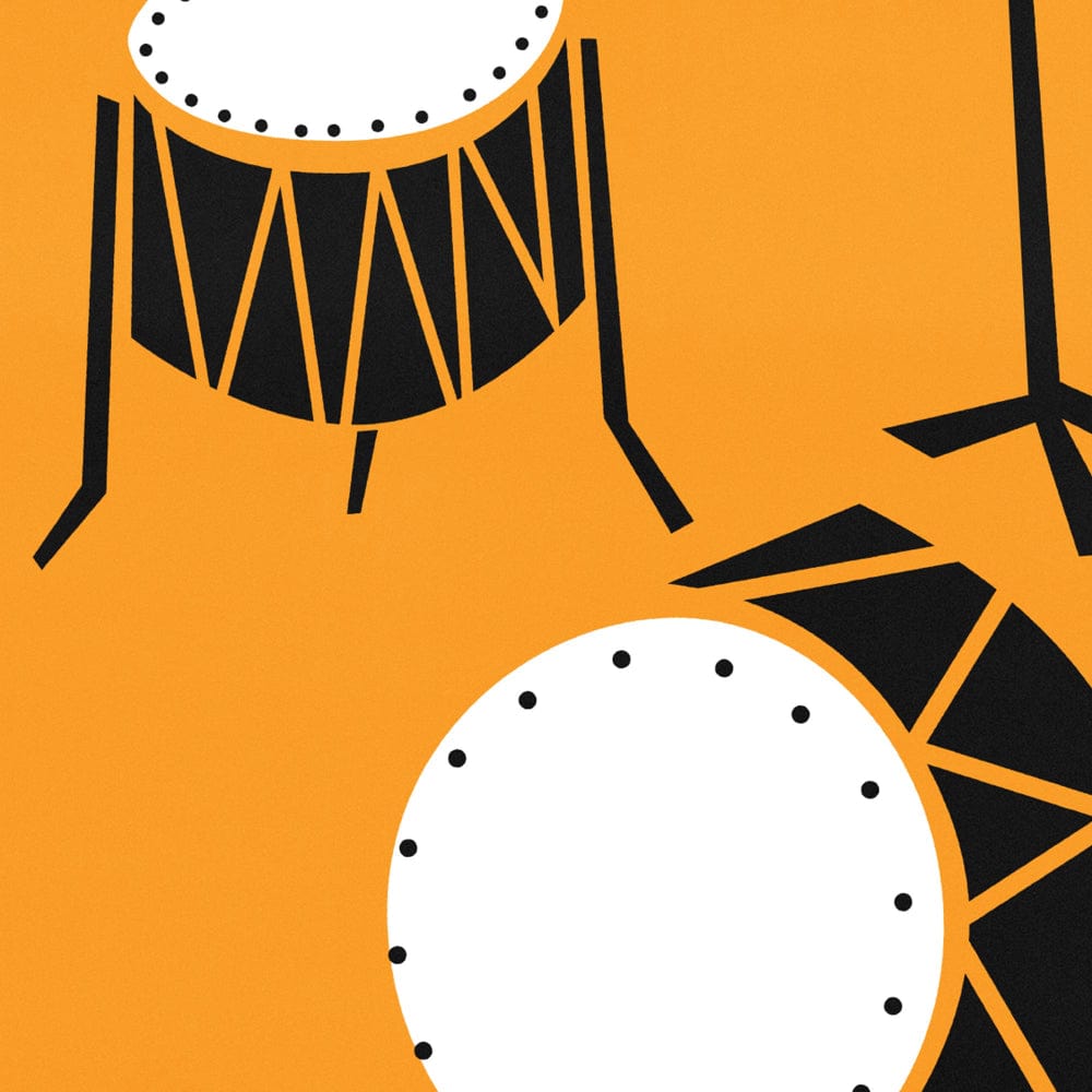 Close-up of the drum kit illustration showing the geometric shapes of the bass and snare drums