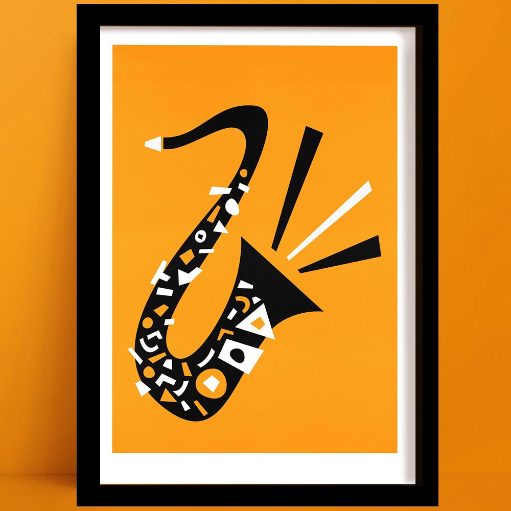 jazz saxophone print instrument illustration in black frame orange background