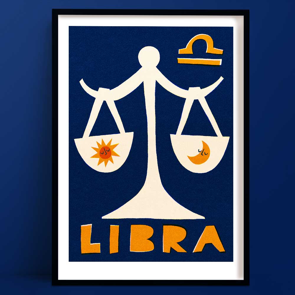Libra print featuring a stylised cream-coloured scale balancing sun and moon symbols on a deep blue background.