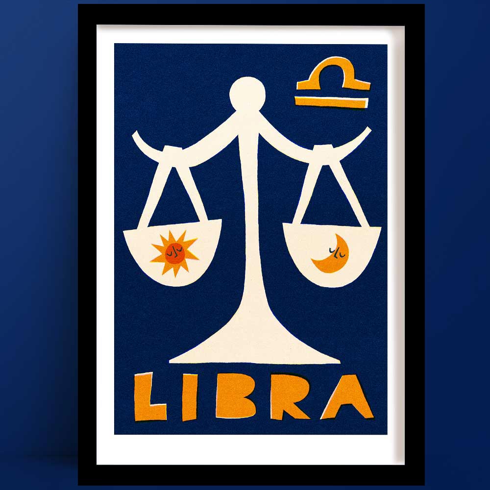 Libra print featuring a stylised cream-coloured scale balancing sun and moon symbols on a deep blue background.