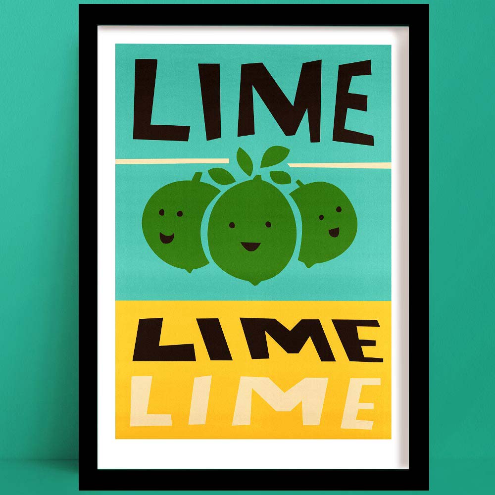 Retro lime print with cheerful green fruit and bold typography in a sunny palette.
