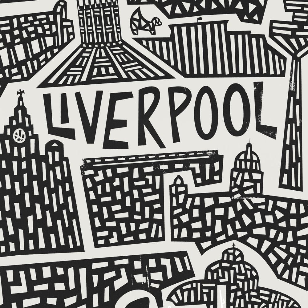 Close-up detail of the Liverpool skyline illustration, showcasing hand-drawn landmarks and textured patterns with the “Liverpool” title centered.
