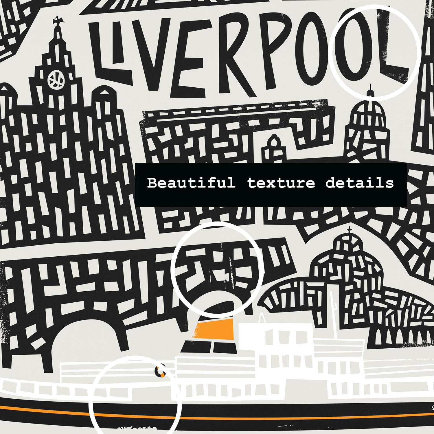 Close-up detail of the Liverpool skyline illustration, showcasing hand-drawn landmarks and textured patterns with the “Liverpool” title centered.