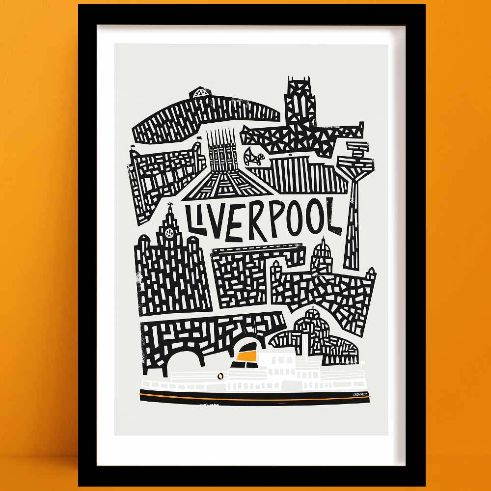 Our Liverpool print, in bold black-and-white, features iconic architecture and the famous Mersey Ferry illustrated at the bottom in colour.