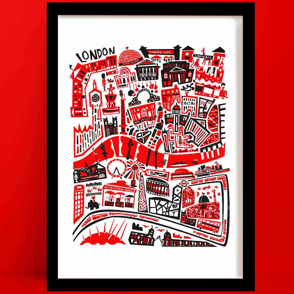 Illustrated London map print, bursting with red and black highlights, showcasing landmarks like Big Ben, the London Eye, and Tower Bridge.