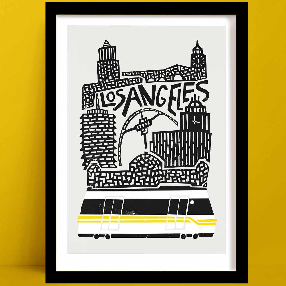Illustrated Los Angeles print featuring the Griffith Observatory, US Bank Tower, and a stylised black-and-yellow Metro train at the base.