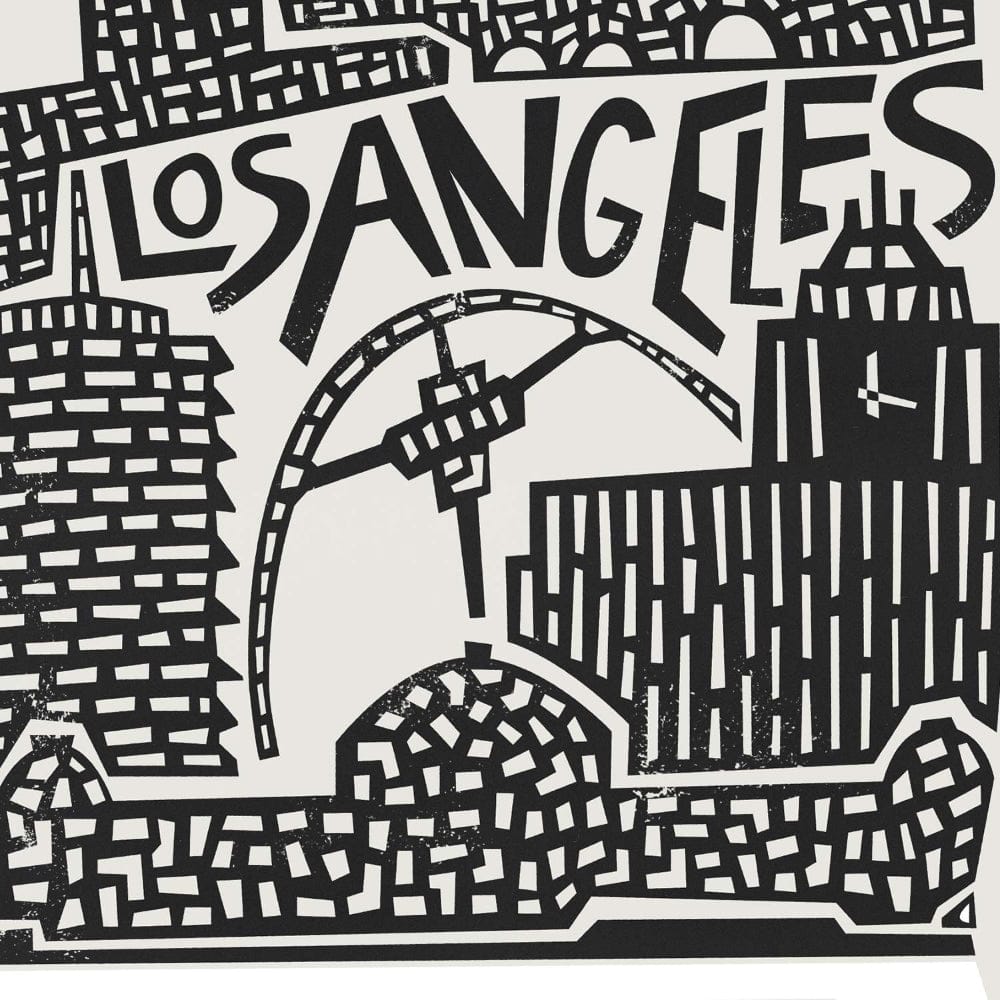 A zoomed-in view of the Los Angeles city art print showing linework of key architecture with “Los Angeles” lettering nestled between landmarks.