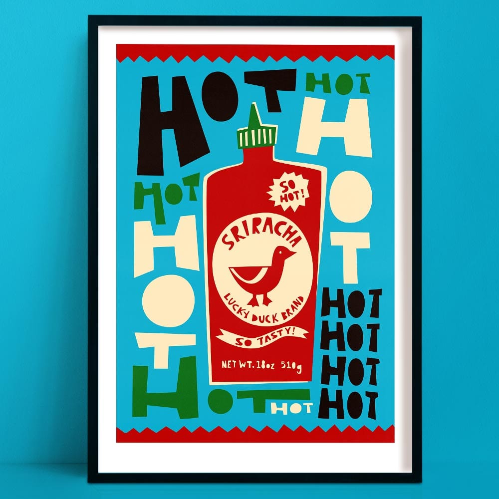 Lucky Duck Sriracha print featuring a red bottle with duck logo and bold “HOT” text scattered across a colourful background.