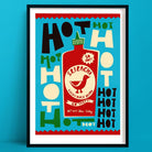 Lucky Duck Sriracha print featuring a red bottle with duck logo and bold “HOT” text scattered across a colourful background.
