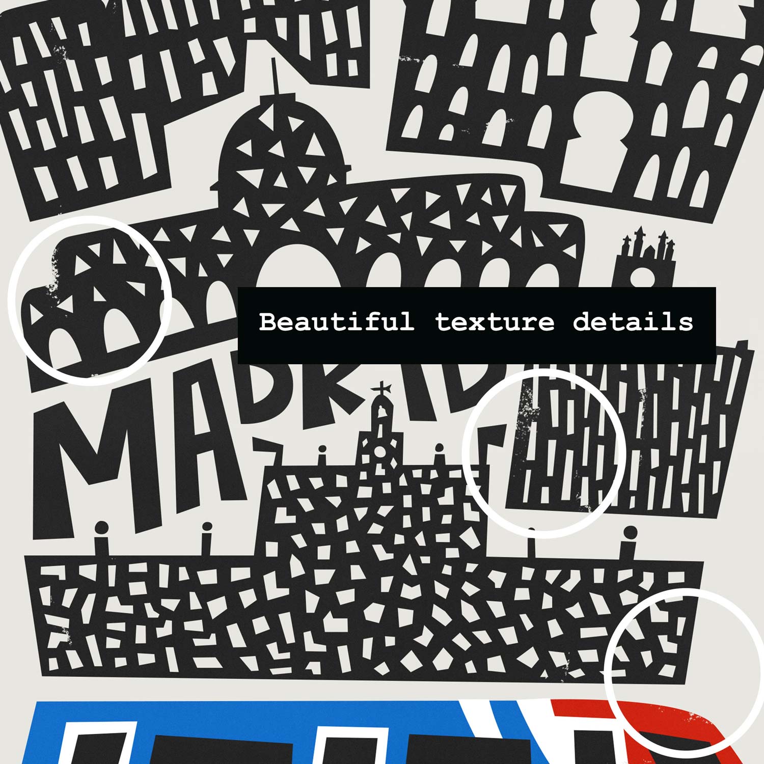 Close-up of Madrid print showing the hand-drawn skyline, bold “Madrid” text and the edge of the train along the bottom.