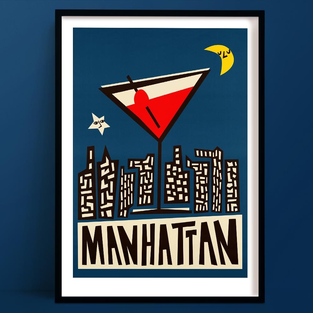 Manhattan cocktail print with city skyline and martini glass set against a rich navy backdrop.