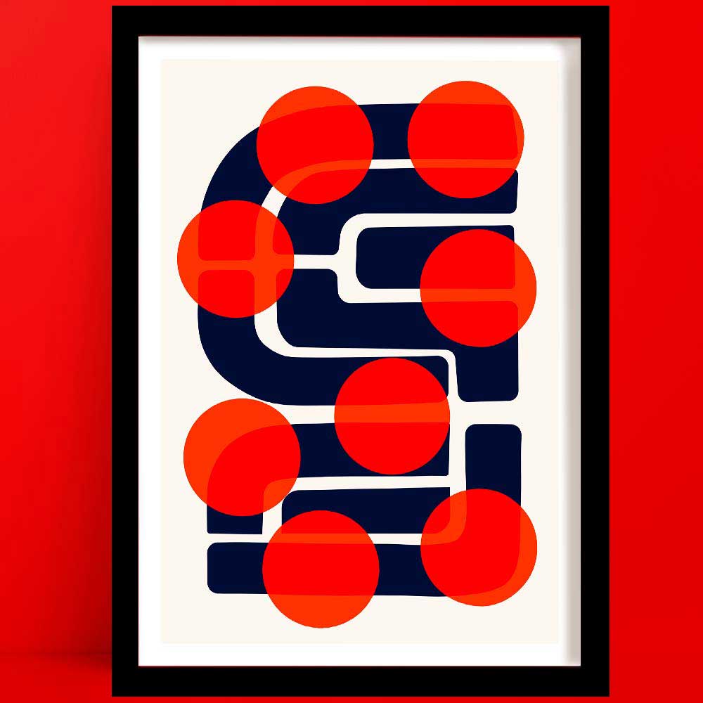 A bold abstract art print titled “Many Suns” featuring deep navy-blue curved shapes intersected by a cascade of vivid red-orange circular forms.