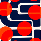 A close-up of the Many Suns artwork showing richly saturated red circles overlapping navy-blue curves, creating a playful tension of form and balance.