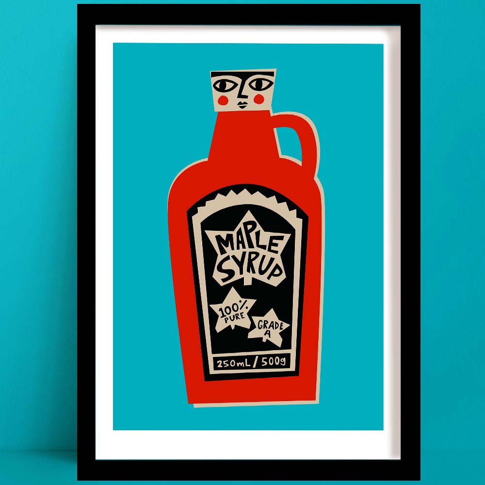 Maple Syrup print featuring a red bottle with stylised face and hand-drawn black label, framed on teal wall.