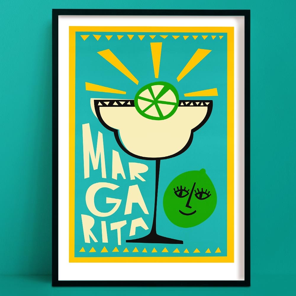 Margarita cocktail print featuring a radiant sunburst lime, geometric glass shape, and lime slice face on a bright turquoise backdrop.