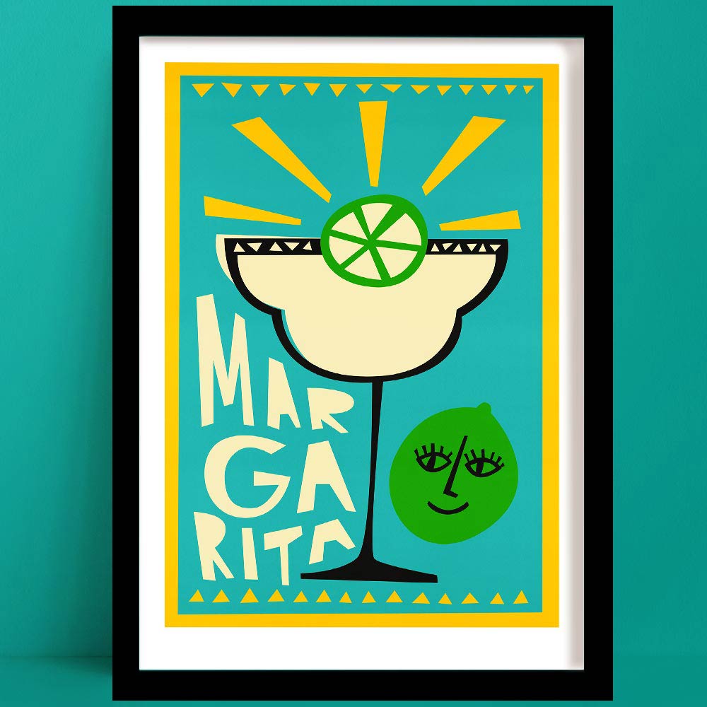 Margarita cocktail print featuring a radiant sunburst lime, geometric glass shape, and lime slice face on a bright turquoise backdrop.