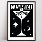 our martini print with Striking black and white art print of a martini glass with a stylised face, surrounded by celestial motifs including stars and a crescent moon.