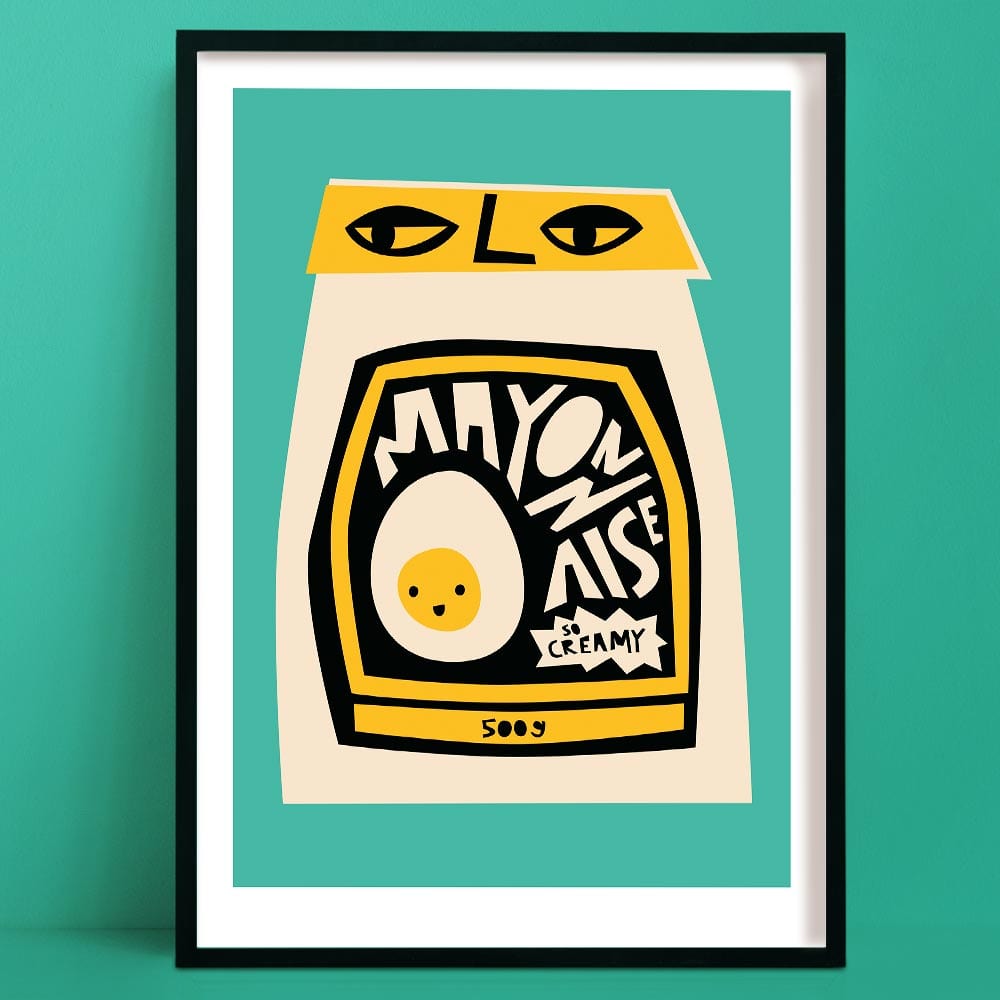 Mayonnaise print featuring a stylised cream jar with bold label and graphic egg detail, framed on mint green wall.