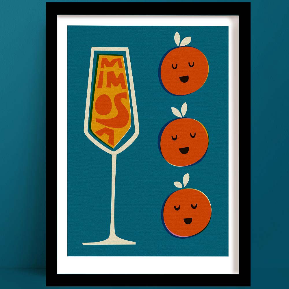 Mimosa print with a tall champagne glass and three smiling oranges, set against a rich teal background.