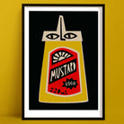 Mustard print featuring a graphic yellow bottle with stylised face and bold black background, framed on yellow wall.