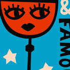 Close-up of the whimsical cocktail glass face, featuring striking eyes and soft cream stars that float against the vivid blue backdrop.