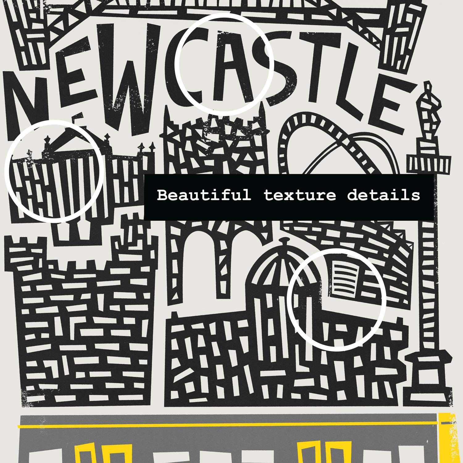 Close-up view of the Newcastle print highlighting signature architectural icons like the Tyne Bridge and Sage Gateshead, drawn in a playful blocky style.