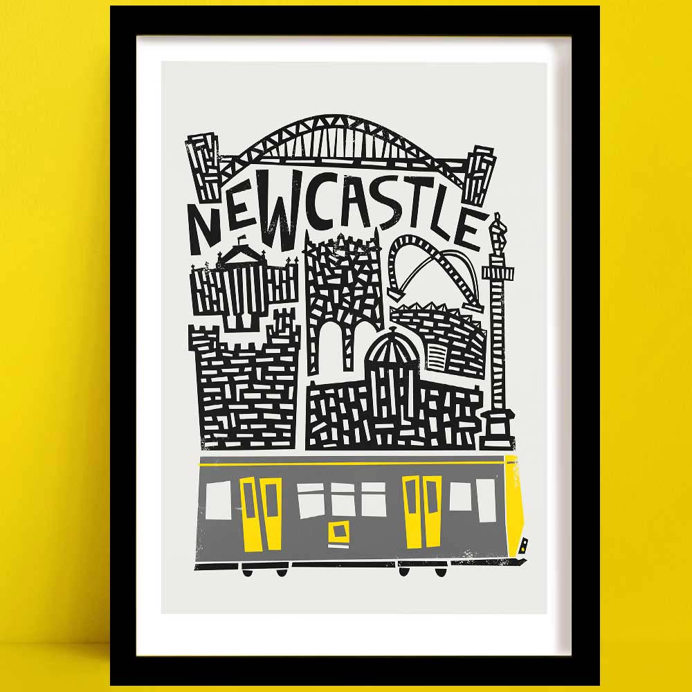 Hand-illustrated Newcastle print showcasing local landmarks like the Tyne Bridge and Grey’s Monument, with a bold yellow-and-black Metro train at the base.