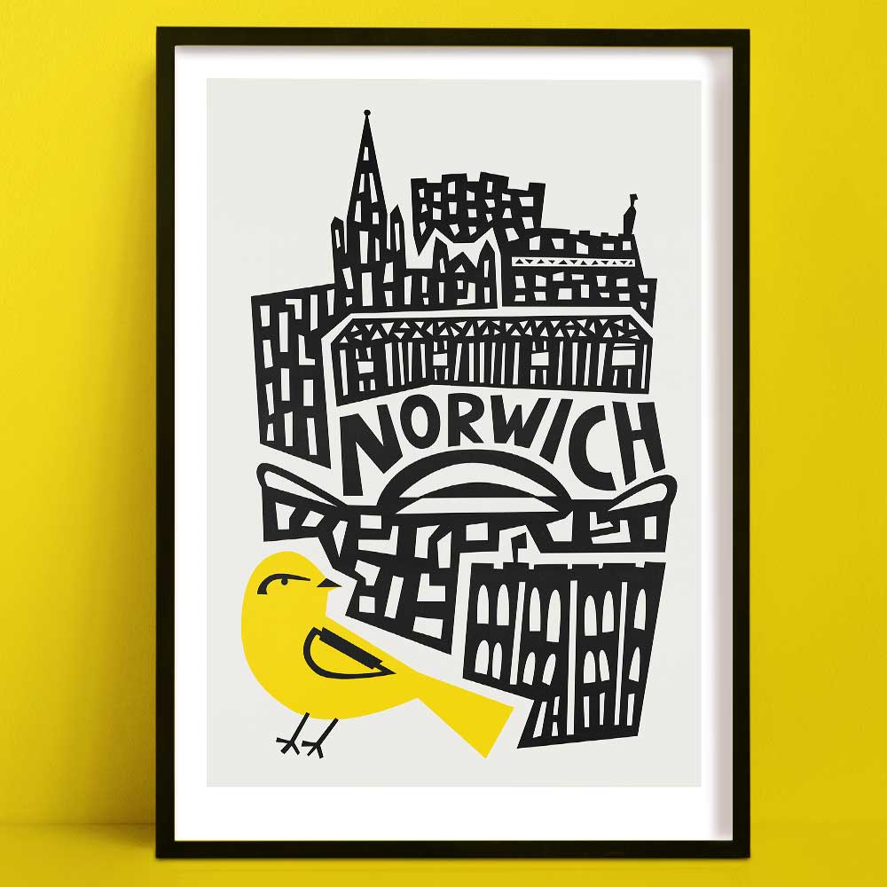 A Norwich print with hand-drawn skyline and yellow canary, framed on yellow wall