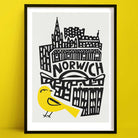 A Norwich print with hand-drawn skyline and yellow canary, framed on yellow wall