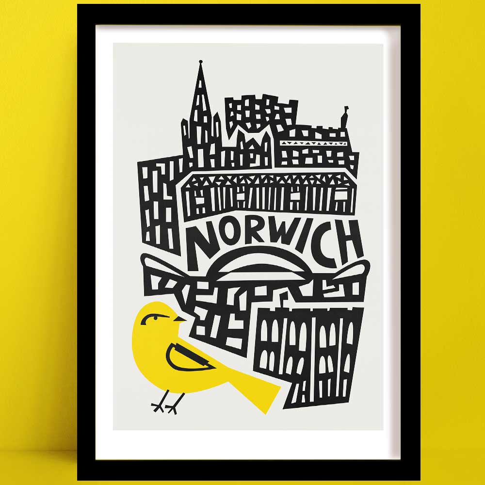 A Norwich print with hand-drawn skyline and yellow canary, framed on yellow wall