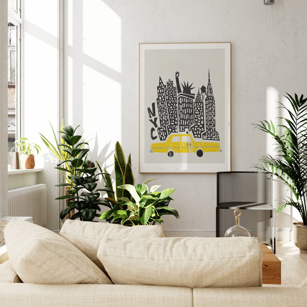 The NYC skyline print with yellow cab is displayed above a neutral sofa, adding a splash of colour and big-city energy to the contemporary space.