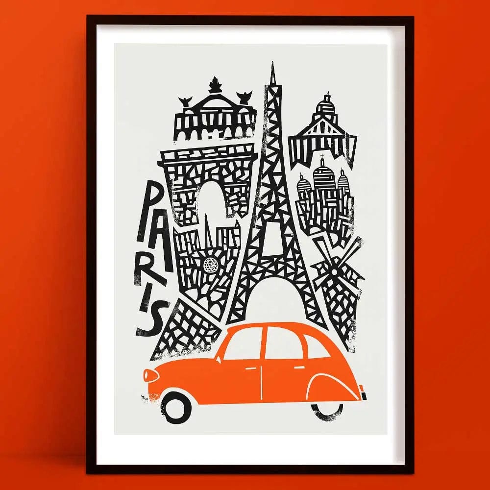 Our Paris print is a bold line illustration, featuring hand-drawn landmarks including the Eiffel Tower and Arc de Triomphe, with a charming red vintage Citroën car in the foreground.