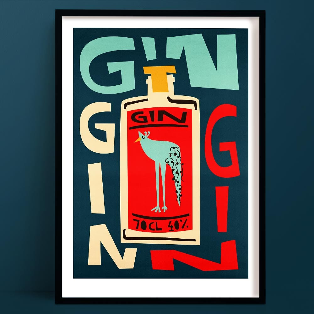 A Gin print in a Bold mid-century style gin bottle artwork featuring a turquoise peacock motif.