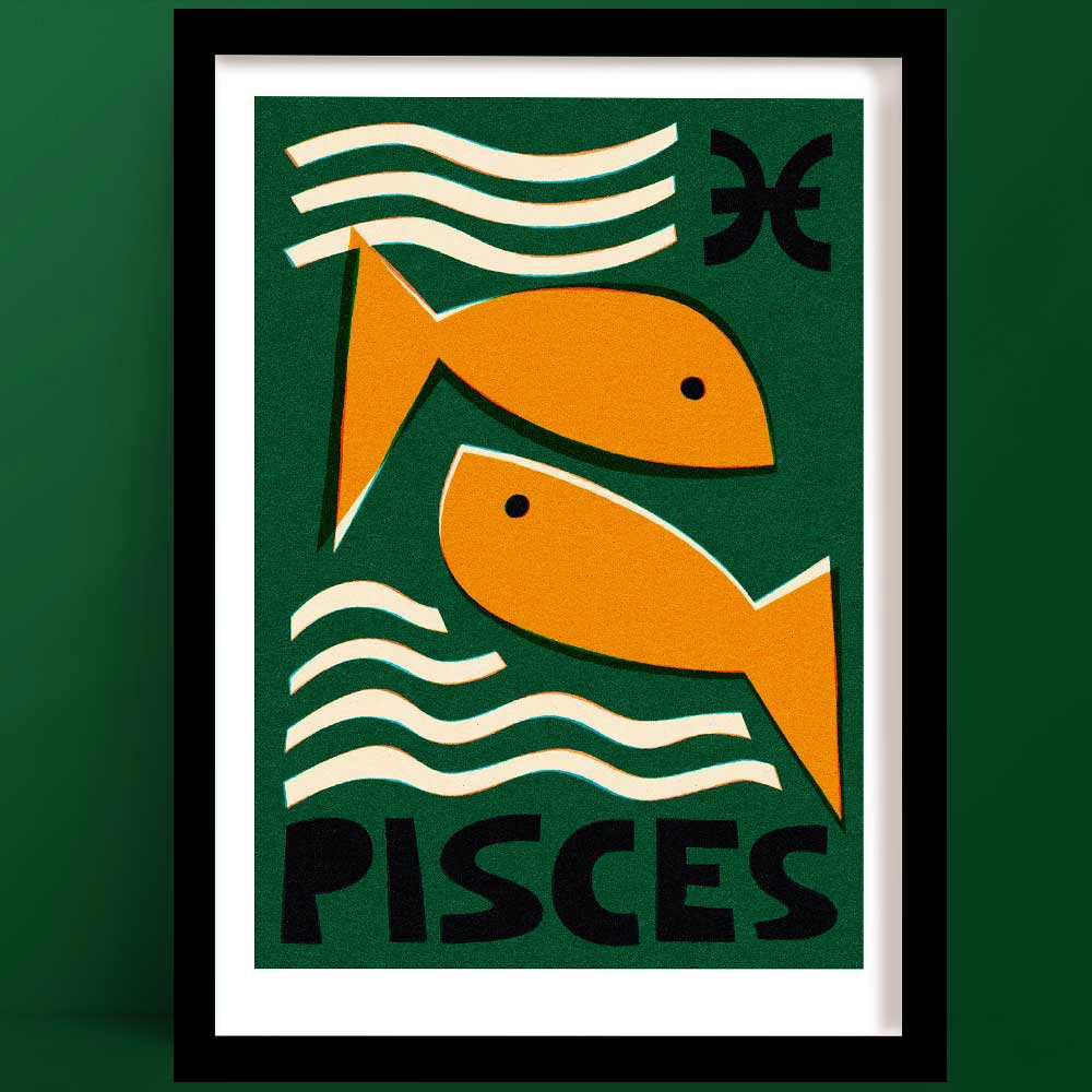 Pisces print featuring two golden fish swimming in opposite directions with wave lines and the Pisces symbol, framed on a green wall.