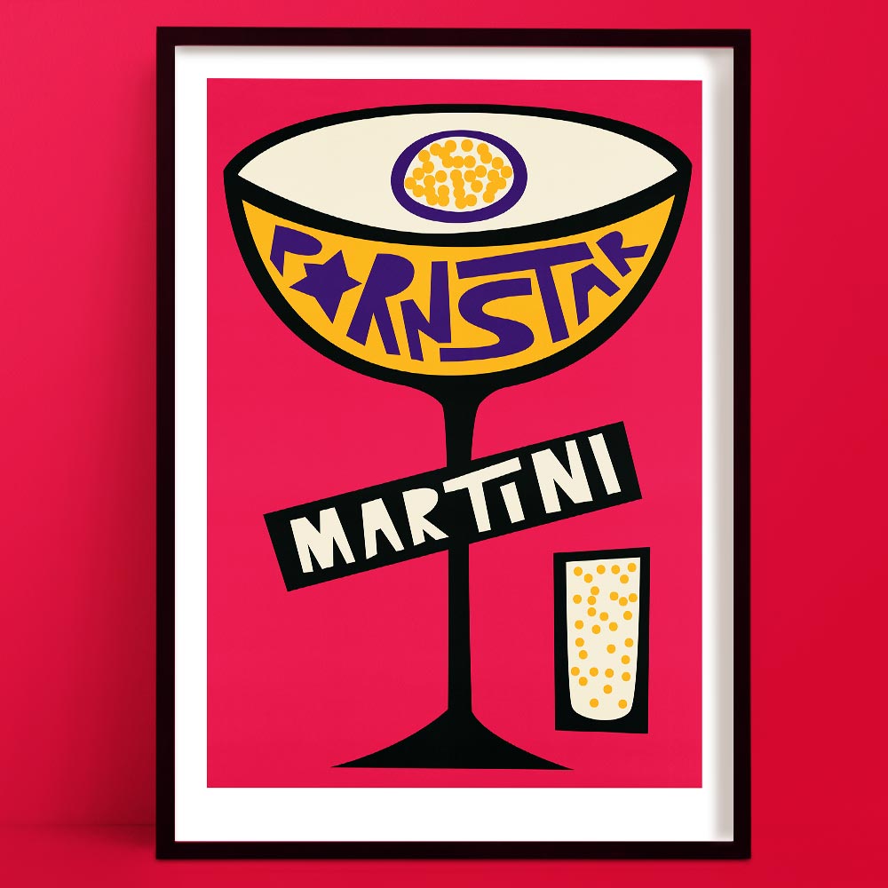 Our Pornstar Martini Print is an Eye-catching retro-style illustration of a Pornstar Martini cocktail, featuring bold lettering inside a stylised coupe glass with a bubbly side shot glass.