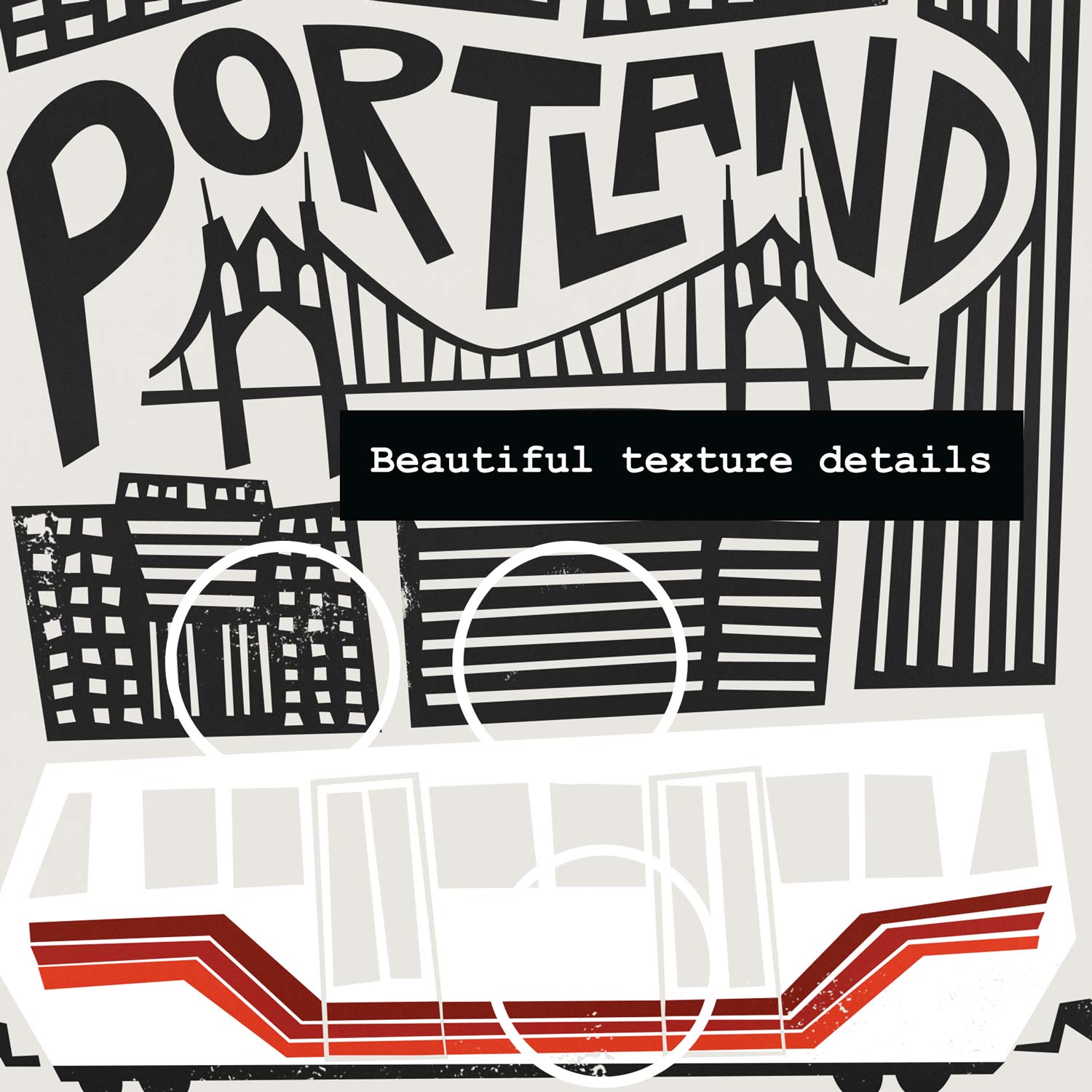 A detailed close-up of the print’s hand-lettered “Portland” text, seamlessly interwoven with the city’s skyline and the graceful curve of the bridge.