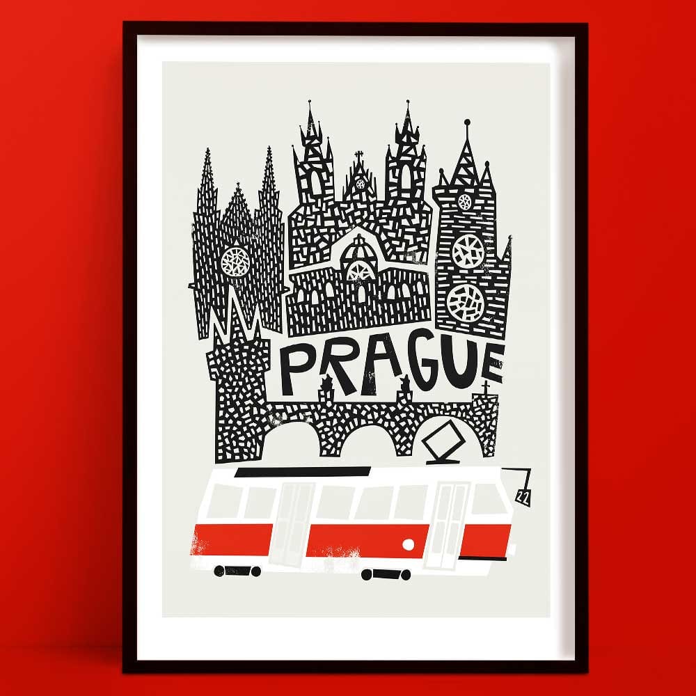 Illustrated Prague print featuring the Gothic towers of the Old Town and a classic red tram, all in bold hand-drawn black and white with playful textures.