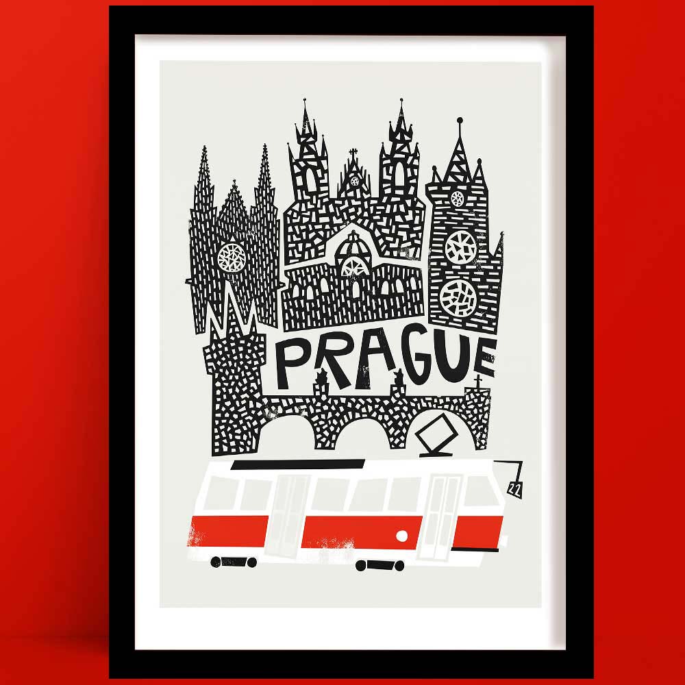 Illustrated Prague print featuring the Gothic towers of the Old Town and a classic red tram, all in bold hand-drawn black and white with playful textures.